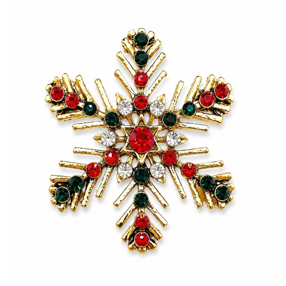 New Christmas Snowflake Brooch Red Green Rhinestone Gold Tone Holiday Pin Gift